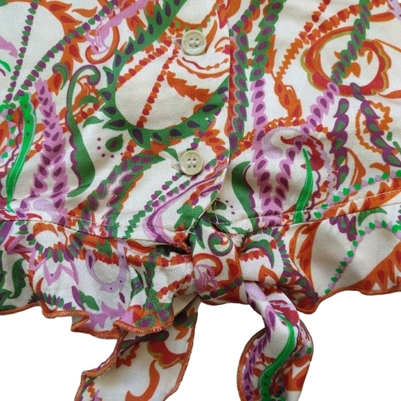 Zara Multicolor Abstract Paisley Button-Up Tie Front Cropped Blouse Colorful - Picture 6 of 11
